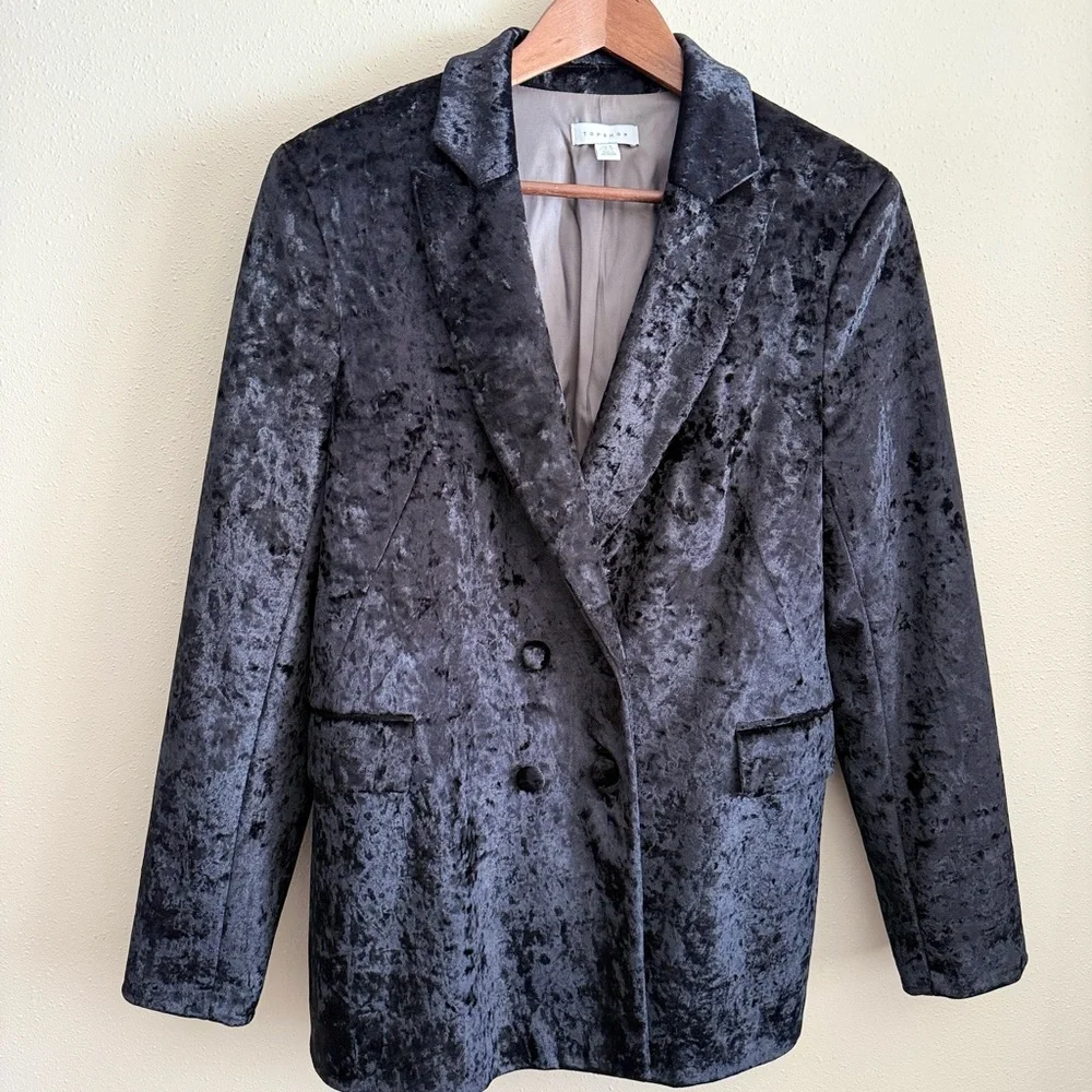 Topshop Black Crushed Velvet Blazer US 10 Double Breasted - Picture 8 of 13